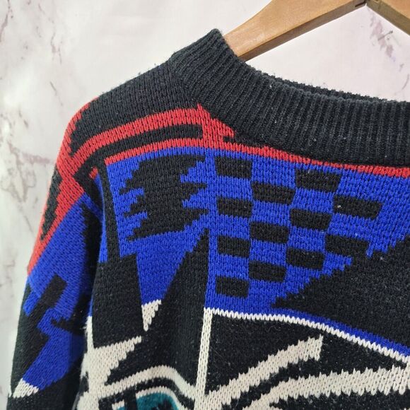 Vintage Sweater Men Medium Black Red Blue Acrylic 90s Raglan Ikat Geometric - Picture 2 of 11